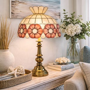 Lampe vintage en coquillage de Capiz | Laiton rose doré | Style Tiffany | Ambiance bord de mer shabby chic