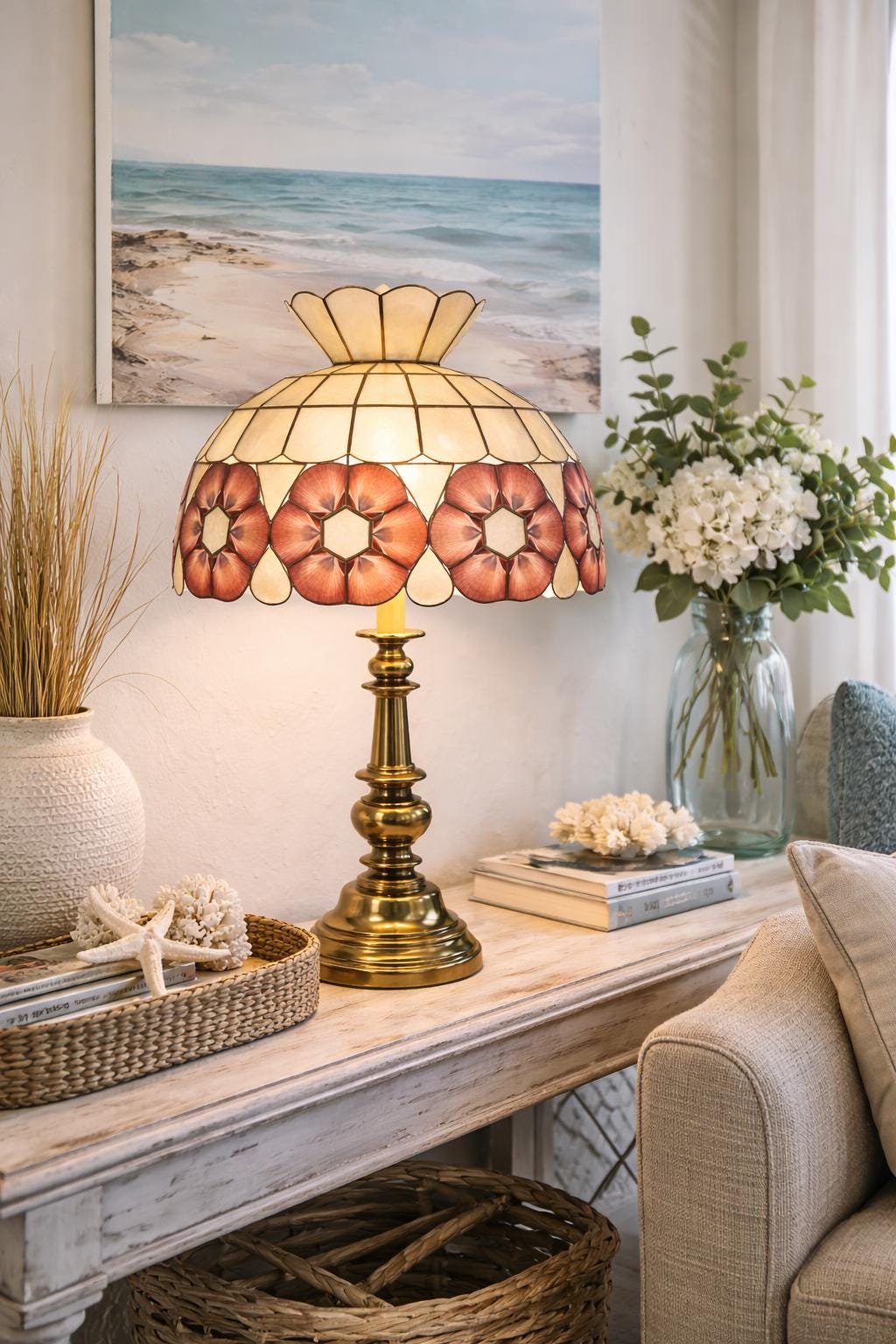 Vintage Capiz Sea Shell Lamp | Pink Gold Brass | Tiffany Style