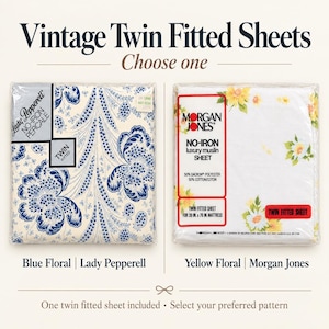 May include: Two packaged twin fitted sheets. The left package is Lady Pepperell with a blue floral pattern on a cream background. The right package is Morgan Jones with a yellow floral pattern on a white background. Both are labeled as no-iron.
