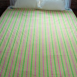 1970&#39;s PINK LIME GREEN flat sheet double/full bright neon striped top bedsheet vintage GenX nostalgia jcp or sewing fabric repurpose