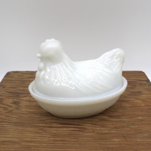 HEN ON NEST  white milk glass chicken candy dish mid century kitchen decor glass chicken dish gift country rustic farmhouse hen house decor