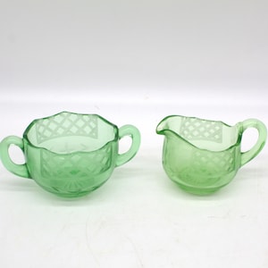 URANIUM CREAM & SUGAR bowl | Green Depression Glass | Vintage Glow Glass | Gothic Halloween Decor | Jeanette Company