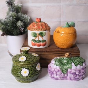 VINTAGE JAM JAR |your choice | strawberry daisies grape | 1980&#39;s salt keeper | sugar bowl |condiment relish dish | stove top herb box