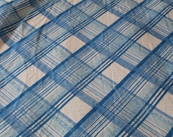 1970's TWIN FITTED SHEET  blue geometric striped pattern muslin fabric, soft bed linens for boho shabby chic, cottage core home decor