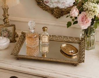 Cottage Vanity Decor  | Vintage Mirrored Tray | Traditional Gold Bathroom Decor
