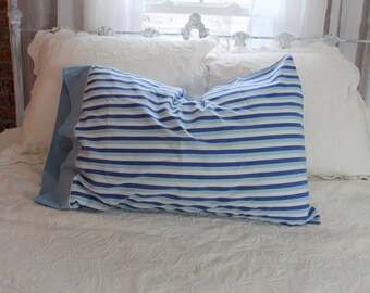 1970'S PILLOWCASE vintage blue stripe pillow case ,mix and match boho bedding, no iron percale linens, boys room bedding, cottage core gift