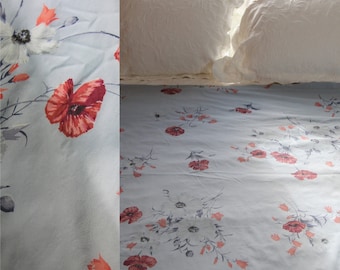 1980's FULL SHEET SET orange poppies on cottage blue fitted and flat sheet, vintage bedroom decor, mix and match linens, grandma mom decor