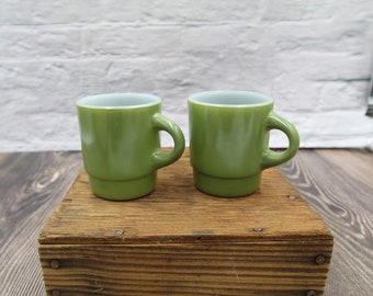 1970'S GREEN FIRE KING mugs set of 2 avocado green vintage milk glass cups by Anchor Hocking, kitchen coffee station cups, retro home decor