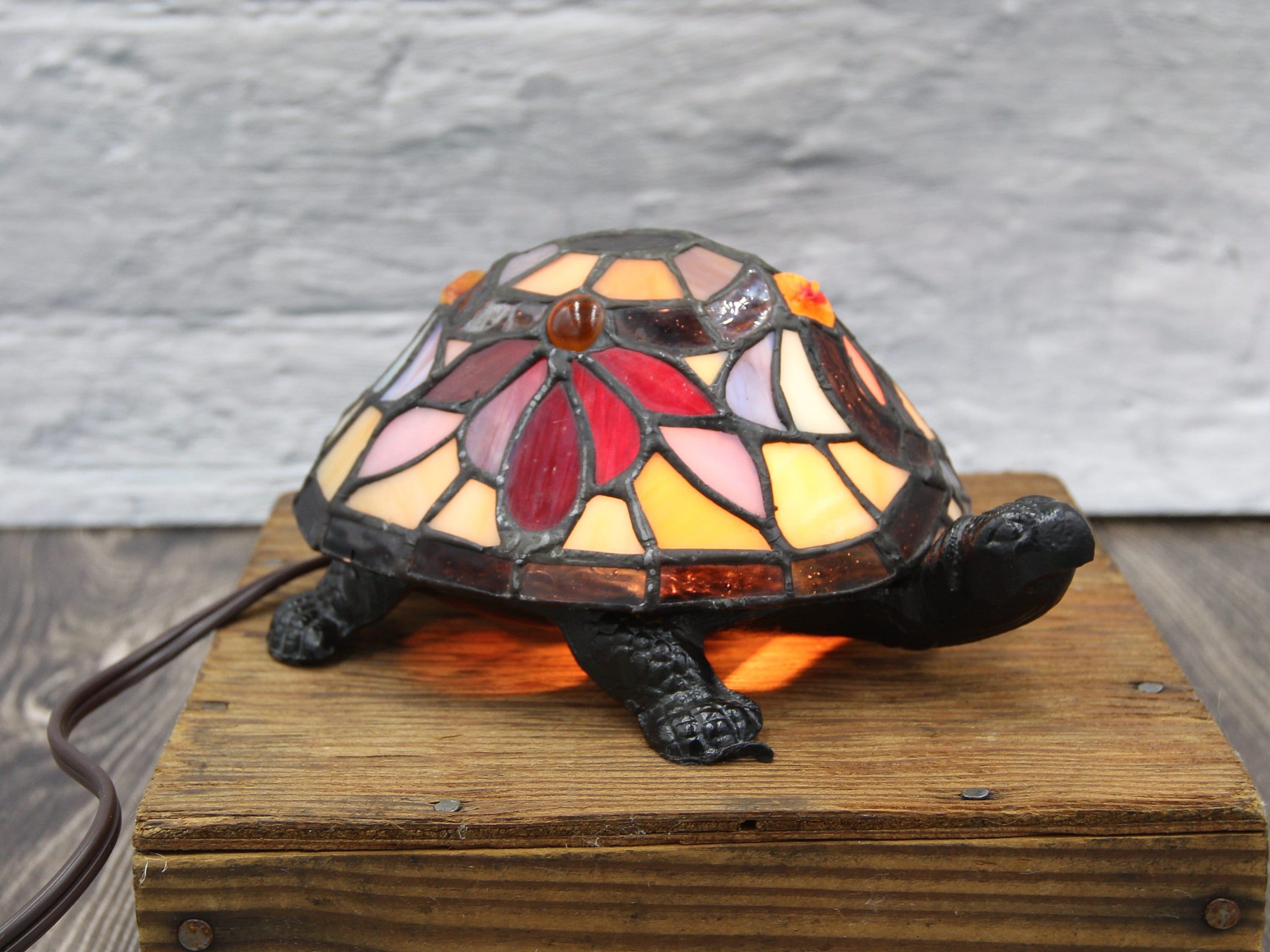 STAINED GLASS TURTLE Lamp, Vintage Turtle Night Light , Ashley