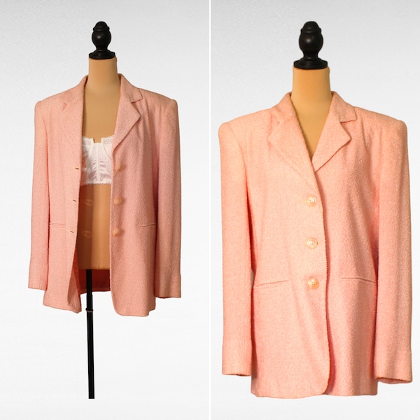 1980's PINK BOUCLE JACKET lined shoulder pads cottage core blazer, vintage 80's textured cottage core jacket  dress up or down, size 14