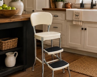 Vintage Cosco Step Stool Chair | Original Industrial Pantry Kitchen Dining | White 1950’s Stylaire Pull Out Stool