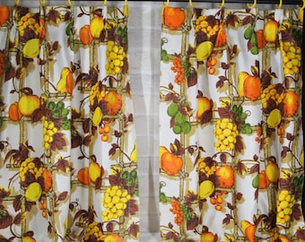 1970's COLORFUL KITCHEN CURTAINS vintage gold orange and brown window coverings, funky fruit motif, grapes and pears drapes