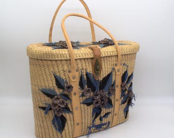 Borsa vintage in paglia e pelle / Borsa con fiori secchi in rafia / Borsa da picnic