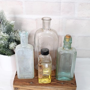 1800's MEDICINE BOTTLES set of 4 embossed apothecary bottles tincture bathroom decor, instant old bottle collectibles general store gift