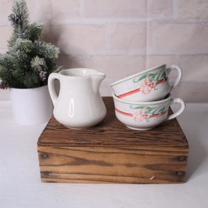 VINTAGE RESTAURANT WARE set 2 stoneware coffee cups and 1 creamer green pink graphic 1940&#39;s diner mugs espresso demitasse coffee lover gift