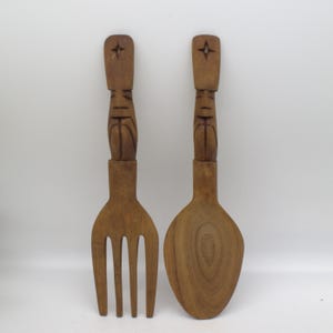 1960&#39;s FORK & SPOON wall decor 12&quot; wood hanging fork and spoon mid century modern vintage kitchen decor grandma tiki core