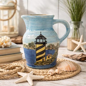 Vintage Hand-Painted Lighthouse Pitcher | WCL Pottery, Turquoise Blue Coastal Decor