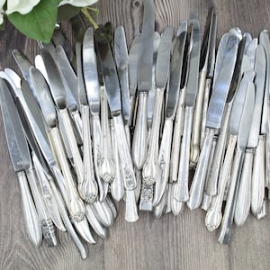 以下が含まれることがあります： 様々なデザインのハンドルが付いた、ヴィンテージの銀色のナイフのコレクション。 刃は光沢があり光を反射し、ハンドルには装飾的な模様が施されています。 ナイフは暗い木製の表面に配置されています。