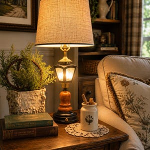 May include: A table lamp with a textured beige fabric shade, a brass-toned neck, and a black base featuring a central amber-colored section. The lamp has a lantern-style glass housing for the bulb and a black trim on the top and bottom of the shade.