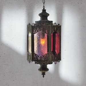 アンティーク　⭐　LAMP     ⑰ Vintage MCM Spanish Gothic Swag Lamp Wood Amber Glass Iron