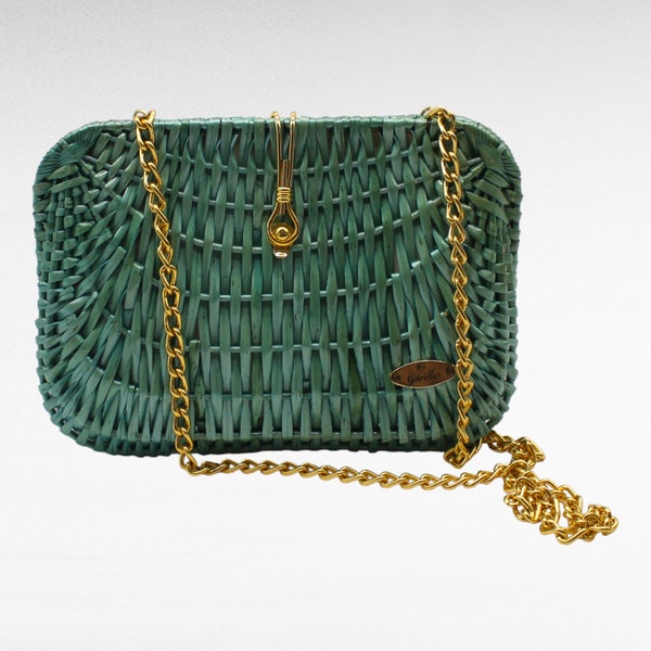 TEAL RATTAN PURSE gold chain and closure Italian made green glossy handbag, summer accessories gift for her