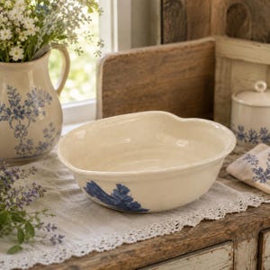 May include: A cream-colored ceramic bowl with a smooth, rounded rim and a single blue floral motif painted on the exterior side. The bowl has a wide, open basin and a glossy finish, sitting on a surface alongside other matching ceramic pieces.