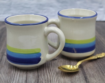 1970’s BLUE STRIPE COFFEE mugs set of 2 blue and yellow chromacone vintage tea cups for coffee lover gift or kitchen drinkware gift.