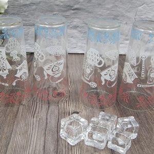 PINK GLASSES  tall tumblers set of 4 vintage iced tea glasses pink and white aqua pattern 1950&#39;s Kitsch Folk retro kitchen gift