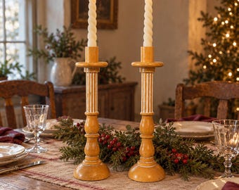 Italian Country Farmhouse Maple Candlesticks | Vintage Ethan Allen | 16” Tall Holiday Dining Decor