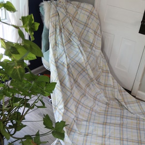 70s PLAID FULL SHEET mid century orange blue yellow flat sheet vintage cottage core bedroom decor boys girls room or repurpose sewing fabric