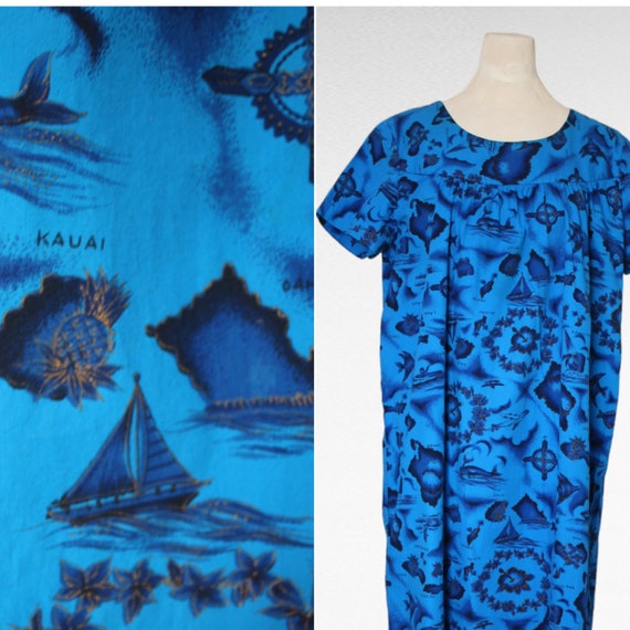 Vintage Coastal Hawaiian Kaftan | Blue Sundress |… - image 3