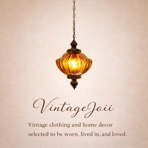 Pu&ograve; includere: Una lampada a sospensione in stile vintage con un paralume in vetro ambrato caldo e dettagli in metallo ornati. La lampada &egrave; sospesa a una catena ed emette una luce soffusa e invitante. Il testo "Vintage Joii" e una descrizione del negozio sono sotto.
