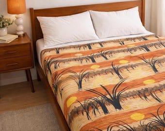 1970er Sunset Zwilling Flachbettlaken: Mid-Century Modern Warm Erdtöne Schlafzimmer