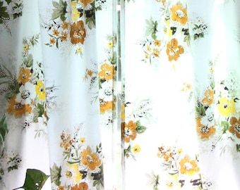 1970&#39;s GOLD ORANGE DRAPES large floral unlined pinch pleat curtains, bright colorful long drapes perfect for vintage bedroom or home