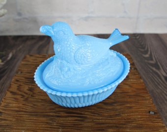 VIKING GLASS NESTED bird glass dish, large blue milk glass bird with berry nested candy bowl,