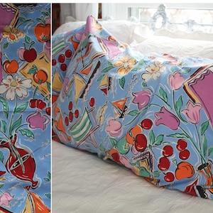 1980’s VINTAGE KING PILLOWCASE set red cherries pink tulips sailboats lake beach cottage core linens, mix and match bedding vintage