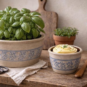 Może przedstawiać: Martwa natura z dużym beżowym ceramicznym garnkiem wypełnionym świeżą bazylią i mniejszym pasującym garnkiem z żółtym kremem. Oba garnki mają niebieski kwiatowy pas. Drewniana deska do krojenia i mały drewniany nóż są w tle.