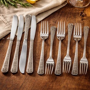 May include: A set of ornate silverware, including knives and forks, arranged on a wooden surface. The silverware has detailed floral patterns on the handles. A bowl of salt, lemon slice, and sprig of rosemary are in the background.
