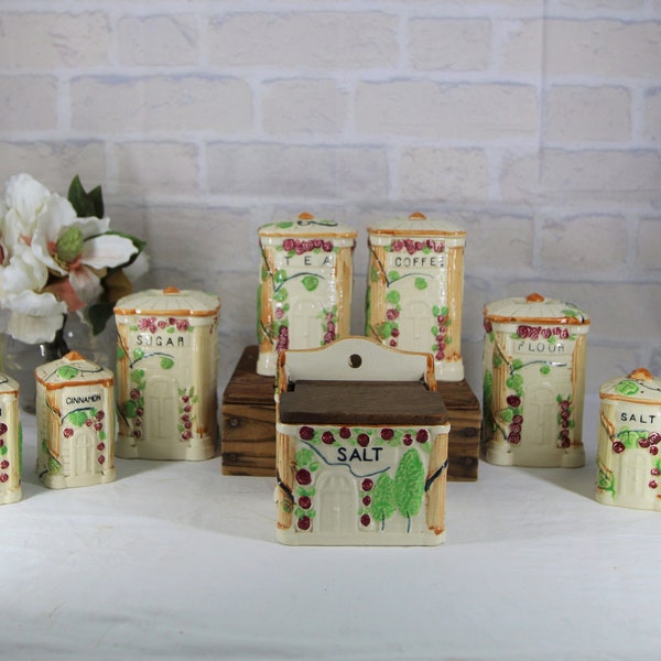 1940s COTTAGE WARE CANISTERS sold individually vintage ceramic salt/pepper spice jars and salt box,kitchen organization storage,