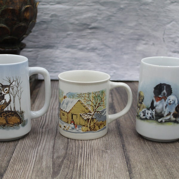 1970's COFFEE MUG, your choice of vintage deer , dog or nature scene coffee cup, mid  century kitchen decor for gift or collection