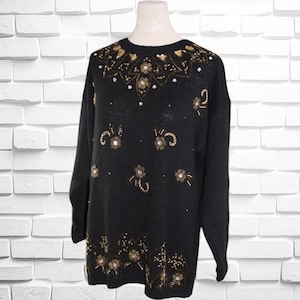 1990&#39;S SEQUINED SWEATER size medium black beaded sweater vintage holiday gold and black hip length pullover womens  gift for her