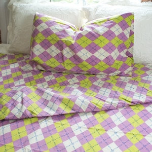 1970s TWIN SHEET SET purple & lime green harlequin bedding punk pop art abstract design bunk bed vintage linen retro kids GenX nostalgia