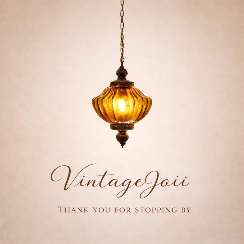 Pu&ograve; includere: Una lampada a sospensione in stile vintage con un paralume in vetro color ambra caldo. La lampada &egrave; sospesa tramite una catena e presenta elementi decorativi in metallo. Il testo "Vintage Joii" e "Thank you for stopping by" sono visibili sotto.