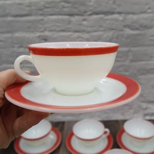 1970&#39;s PYREX CUP/ SAUCERS, each set sold individually, pink coffee cups, vintage milk glass mugs,flamingo pink striped mugs, restaurant ware