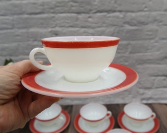 Vintage 1970s Pyrex Cup and Saucer Set, Flamingo Pink Stripe