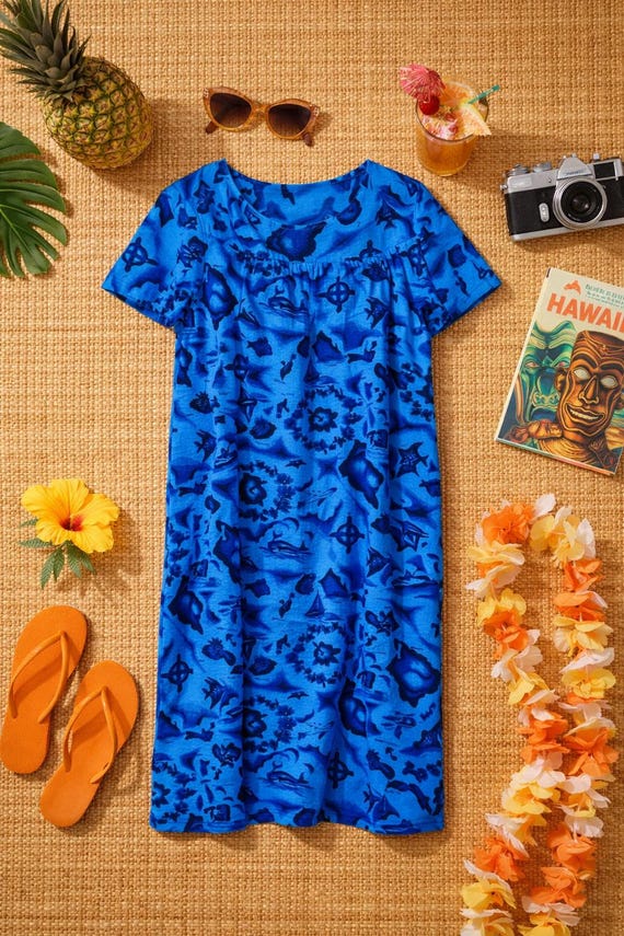 Vintage Coastal Hawaiian Kaftan | Blue Sundress |… - image 8