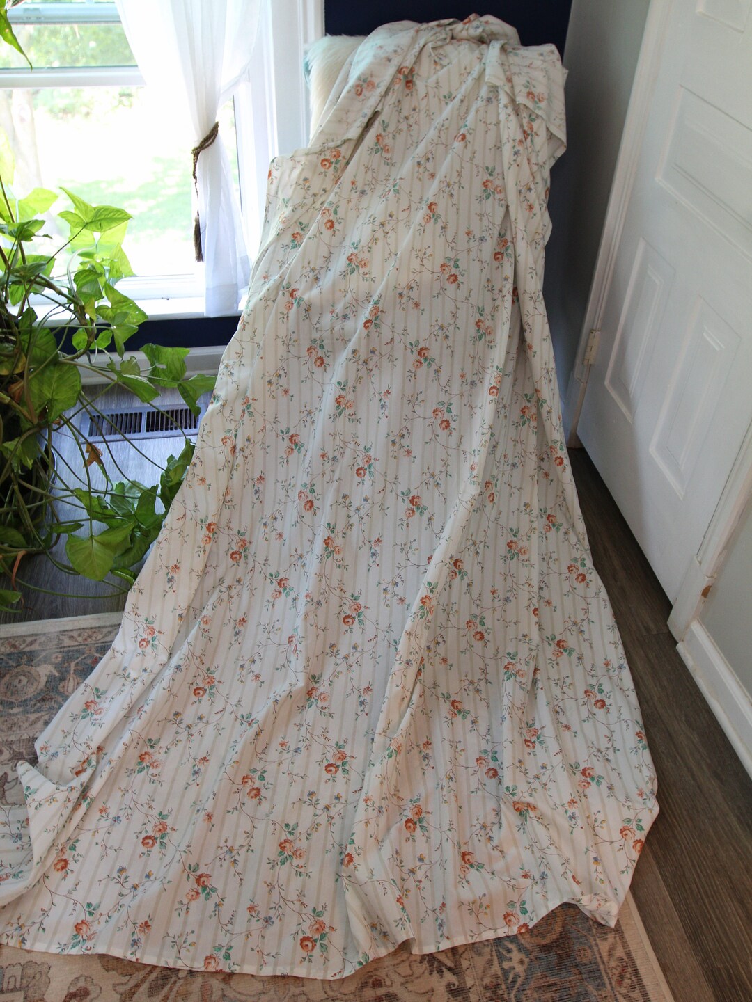 1980's COTTAGE ROSES STRIPED Twin Flat Sheet, Greige Stripe With Coral ...