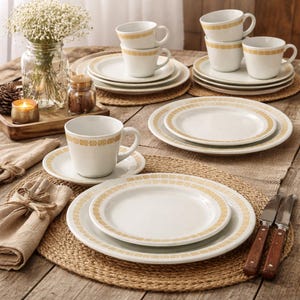 May include: A white ceramic dinnerware set with a gold geometric border design. The set includes cups, saucers, and plates of various sizes. The tableware is arranged on a wooden table with placemats and napkins, creating a warm, inviting aesthetic.