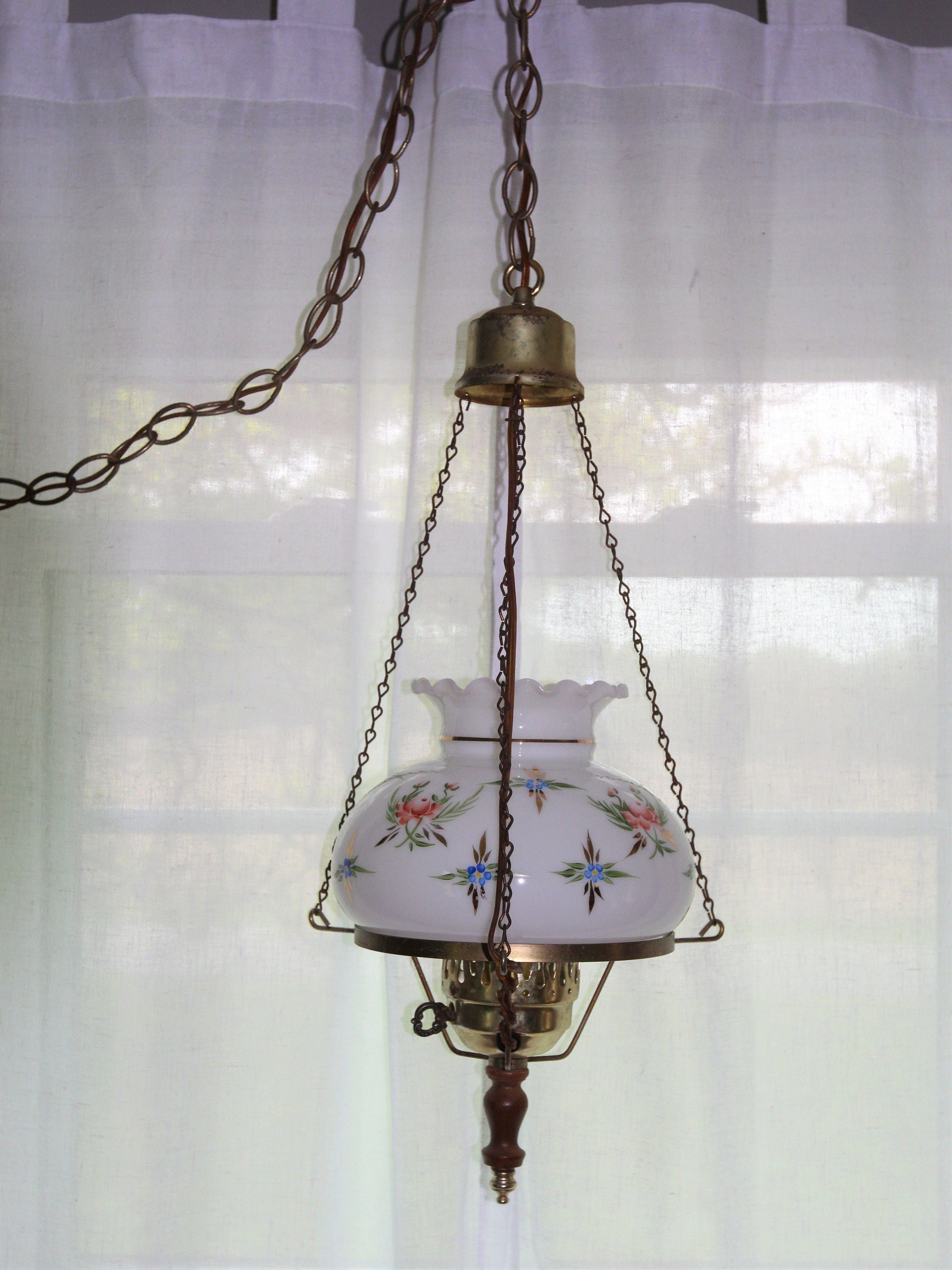 1970 s SWAG LAMP Plug in White Gold and Blue Mid Century Hanging