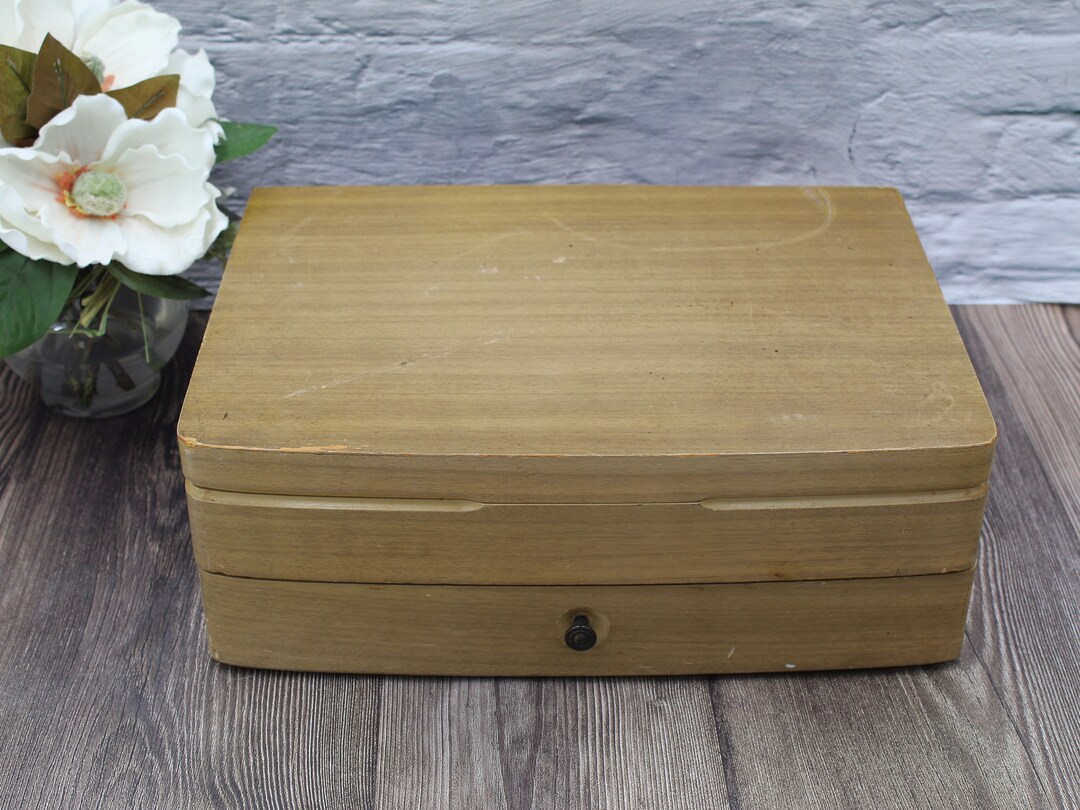 FLATWARE STORAGE BOX Blue Felt Anti Tarnish Wood Chest in Blond Maple